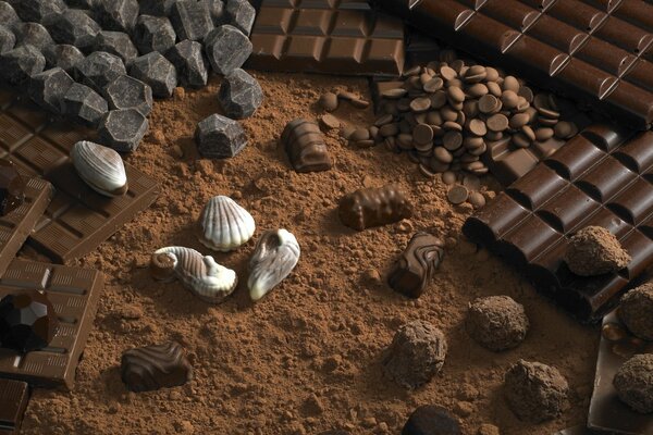 Cocoa scattered with chocolate bars