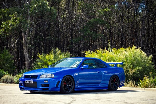 Blue Nissan tuning on a background of green trees