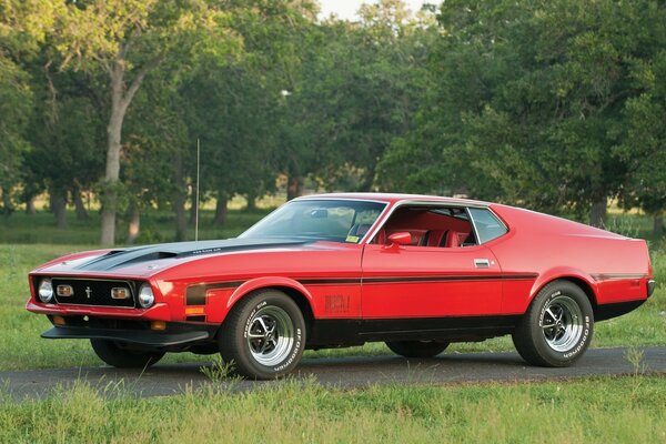 The 1971 Ford Mustang car is red