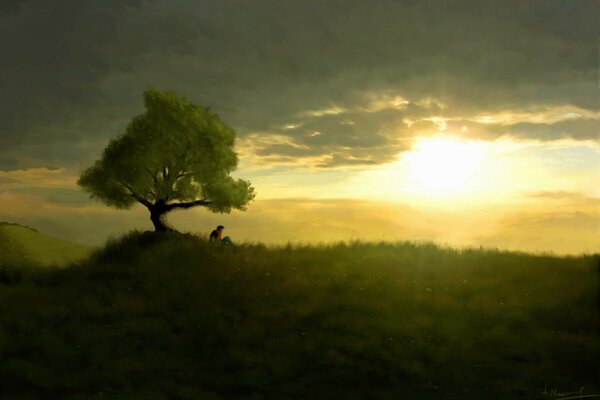 A lonely man at sunset under a tree