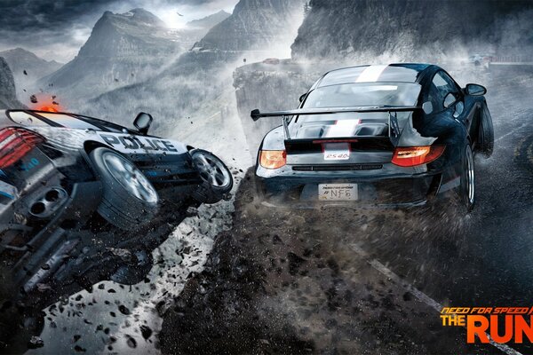 A racer s car and a police car falling from a height into the abyss