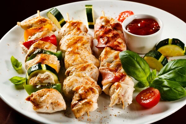 Delicious photo of kebabs on a plate with greens