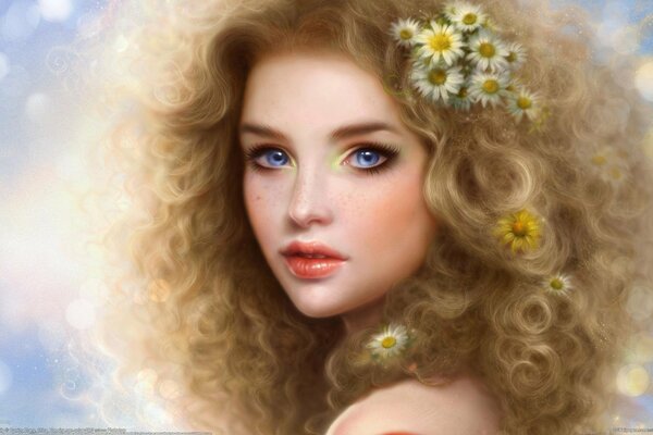 Drawing of a curly blonde with daisies