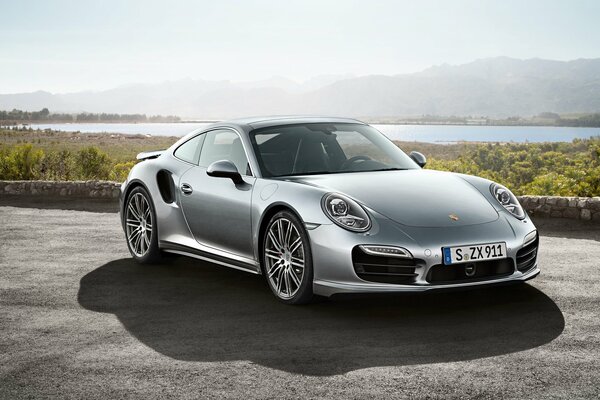 A steel-colored sports car against the background of mountains and a pond