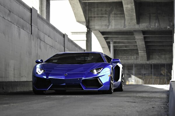 Luxuriöser blauer Lamborghini aventador unter der Brücke