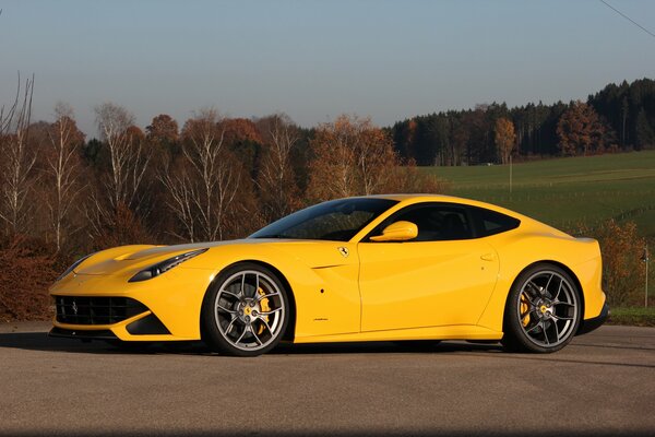 Ferrari gialla sullo sfondo del paesaggio autunnale