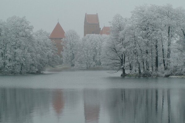 Forteresse parmi les arbres d hiver et la neige