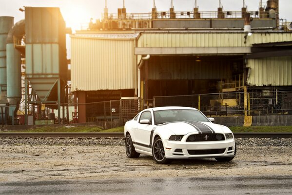 Weißer Ford Mustang mit Sportstreifen