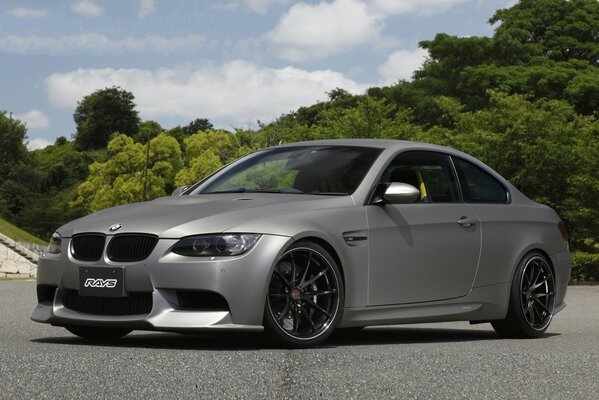 BMW E92 argento su sfondo foresta