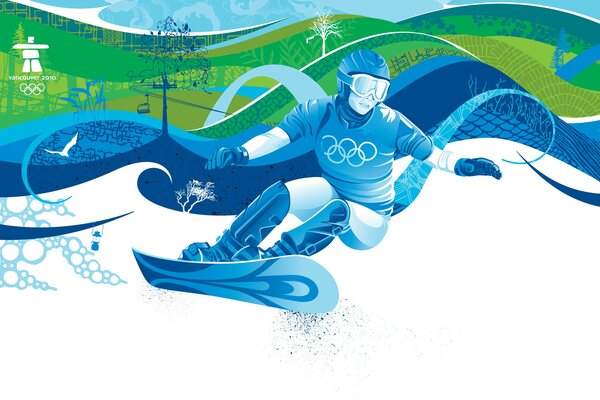 A snowboarder on the descent. The Vancouver Olympics. Drawing