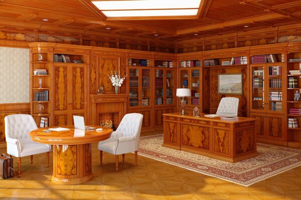Holz im Innenraum. Bücherschrank. Weiße Stühle