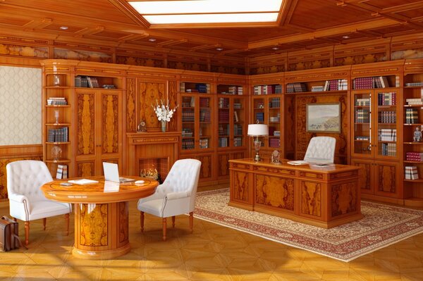 Legno all interno. Libreria. Sedie bianche