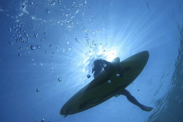 Surfer on the surface of the water, bottom view