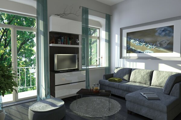 Beautiful design of the room with a view of the trees