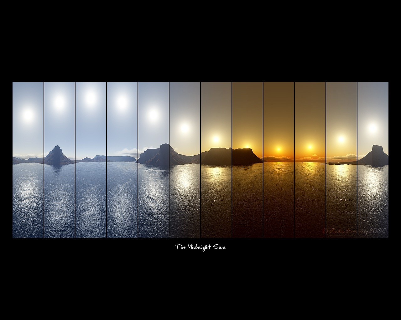 lettrage photographie collage ligne soleil de minuit mer montagnes soleil