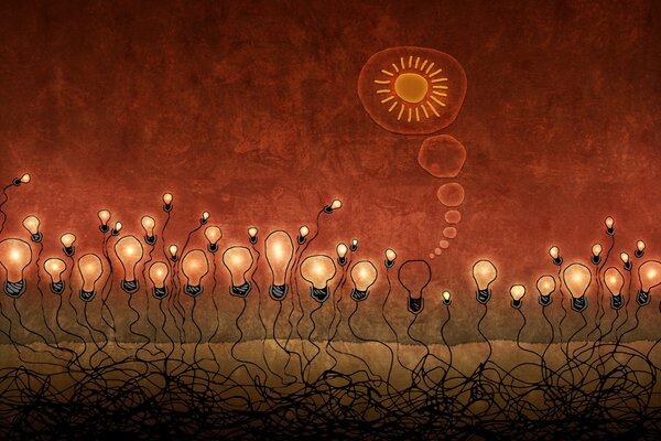 Burning light bulbs on a brown background