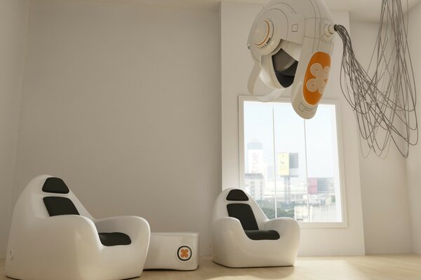 The interior of the room in white with innovative technologies