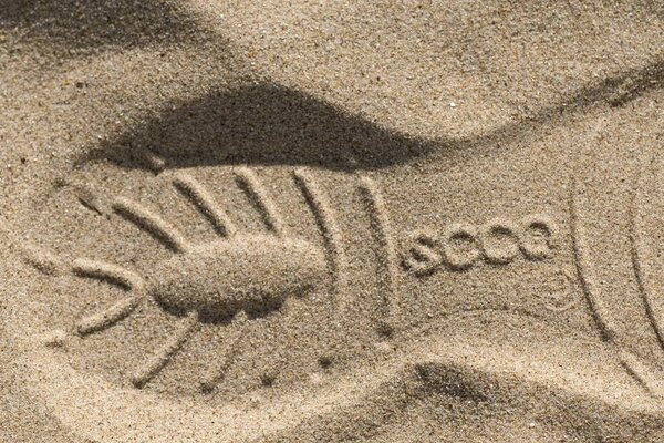 The footprint of sneakers in the sand