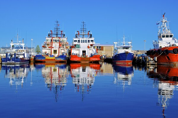 Atracan barcos en puerto de Australia que se reflejan en el agua