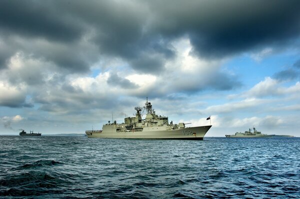 Warships patrol at sea