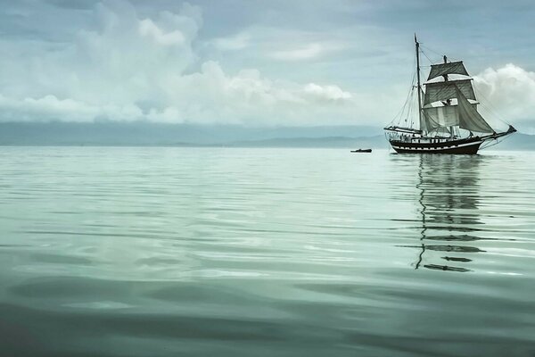 Das Segelboot geht ins Meer. Windstille