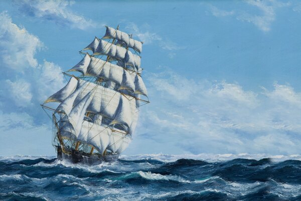 Peinture avec un navire naviguant sur les vagues