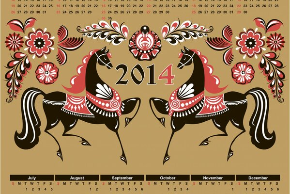 Calendario 2014 con disegni di cavalli in stile folk