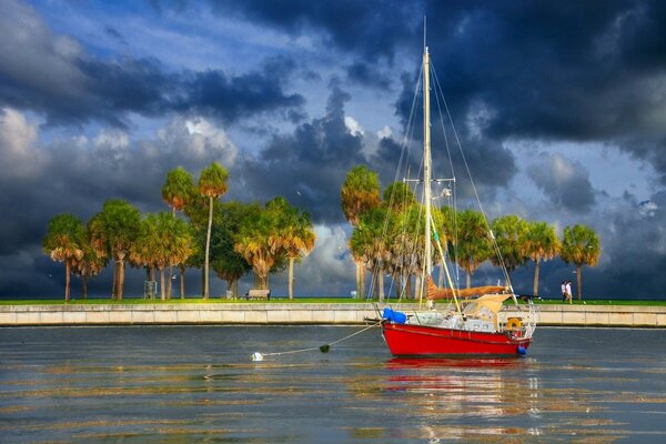 Yacht rosso su uno sfondo di palme