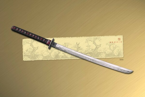 Katana Schwert grauem Hintergrund beige Scheide