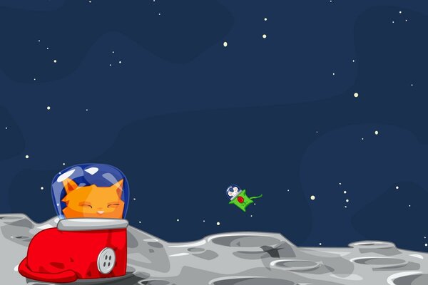 Рисунок кошки и мыши в космосе на луне в скафандре