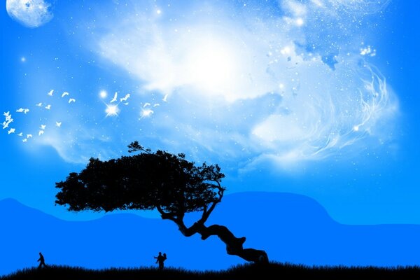 Albero solitario sotto il cielo blu