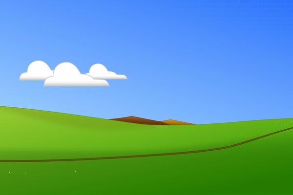 Vector image of a green field with blue sky and white clouds