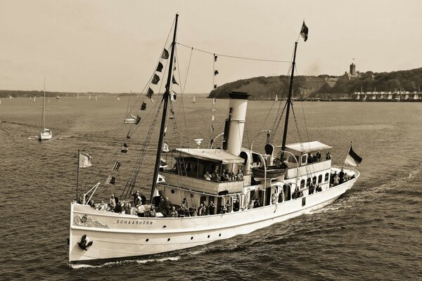 Ship steamer at sea black and white