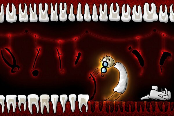 Красная картинка с стомотологом и белыми зубами