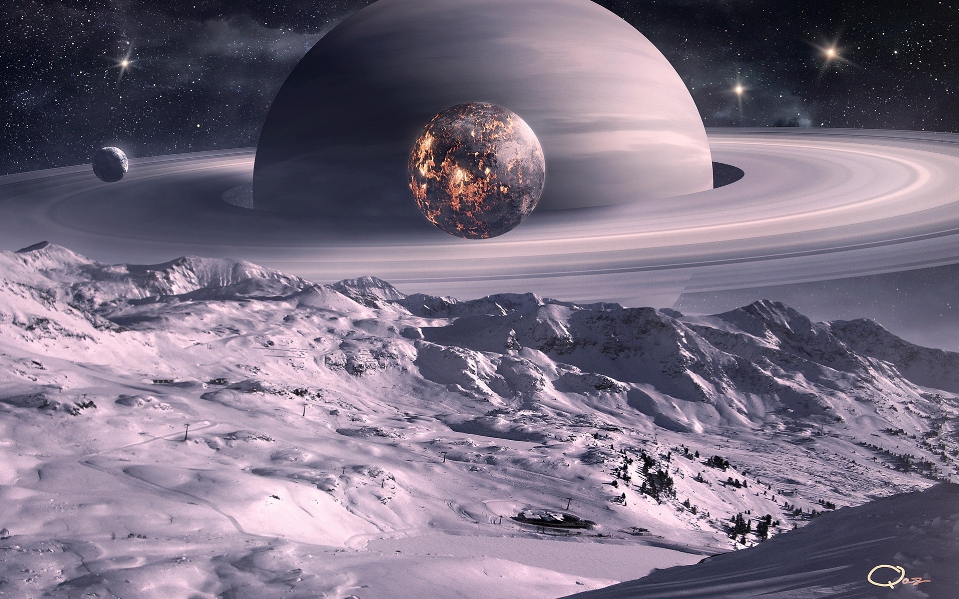 planet kunst landschaft bäume ringe schnee mond raum oberfläche