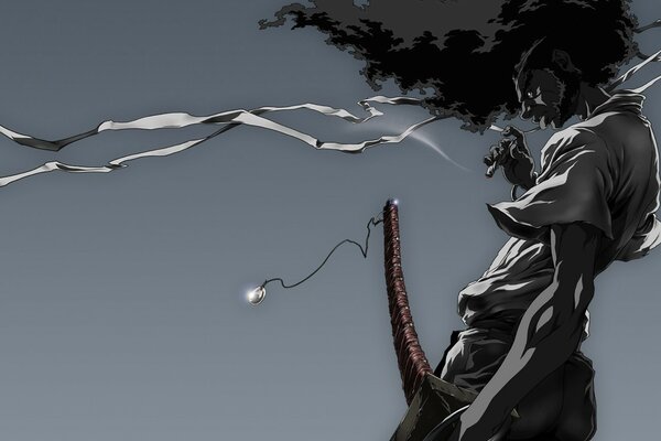 Afro samurai with a cigarette on a gray background