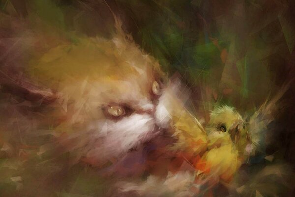 Malowany kot poluje na ptaka