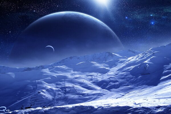 Surface de la planète glacée avec vue sur le ciel