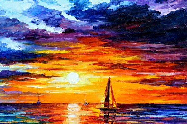 The image of the sunset on the sea and the departing ships in colors