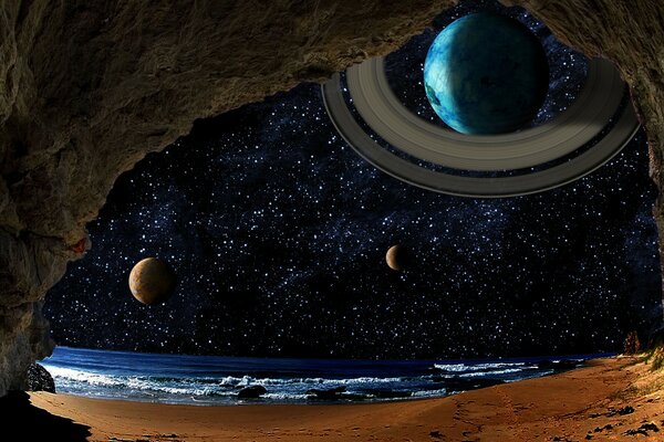Изображение космоса в 3d вид на мере и звезды и планеты