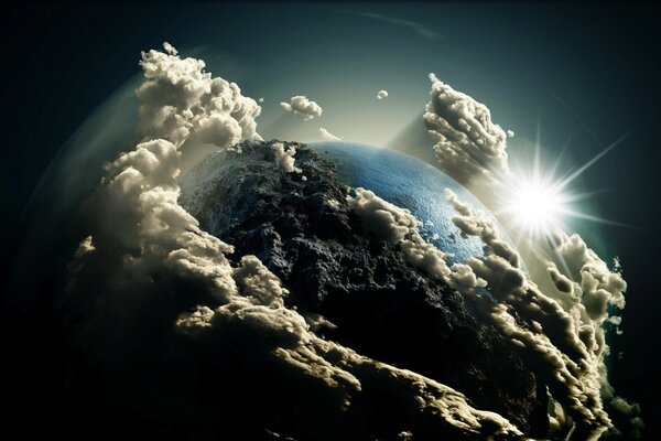 A planet surrounded by clouds with a peeping sun