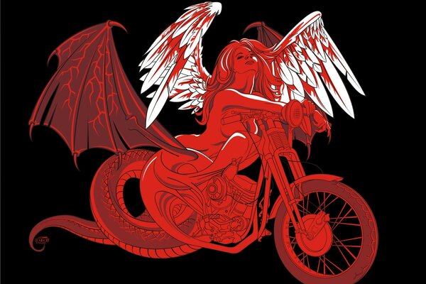 A girl with wings on a motorcycle