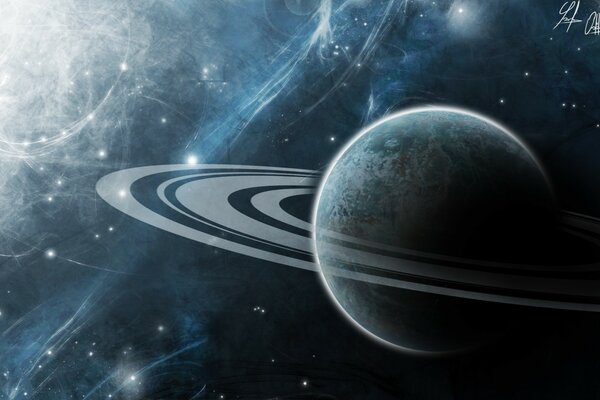 The planet Saturn in the infinite universe