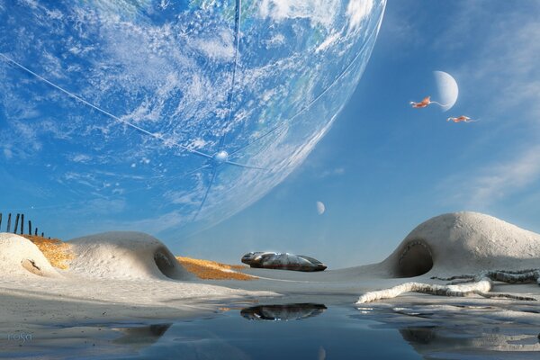 Fotografía de un fantástico globo transparente en movimiento hacia el planeta
