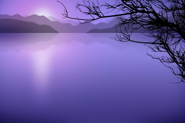 A tree on the background of a lilac lake