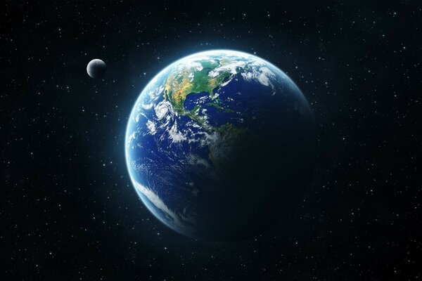 Земля и луна в космосе на фоне звезд