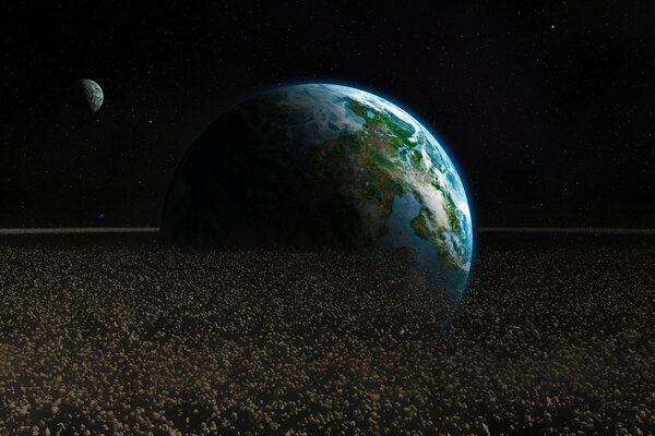 Planète terre entourée d astéroïdes et le ciel nocturne