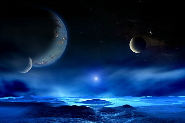 3-d picture of space. Planets and the Moon