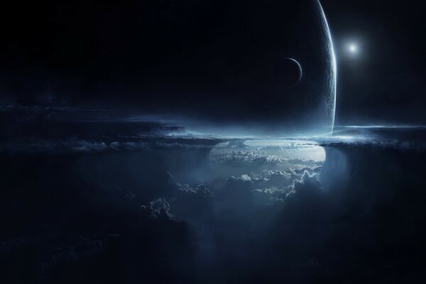 Atmosphère nocturne près de la planète entourée de nuages