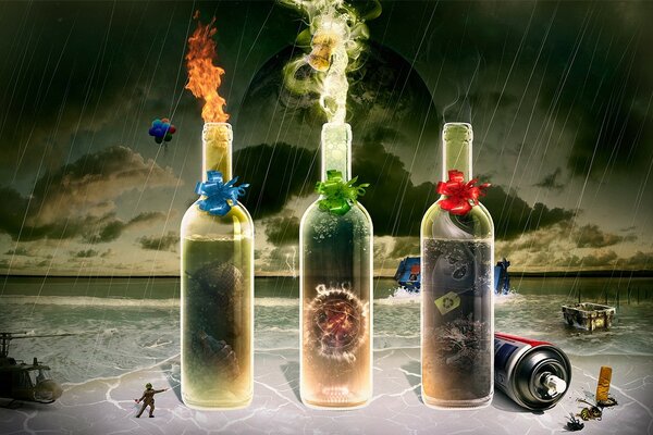 Collage of bottles with colorful bows of red blue and green